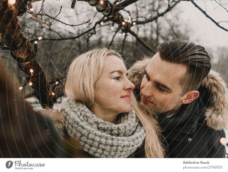 Smiling couple having fun on street near tree with fairy lights Couple Fairy lights Christmas & Advent Street Tree Guy Lady ski jacket Happy