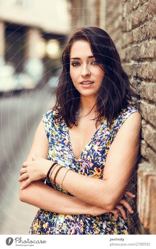 Young woman with blue eyes standing next to brick wall Lifestyle Style Beautiful Hair and hairstyles Summer Human being Feminine Youth (Young adults) Woman