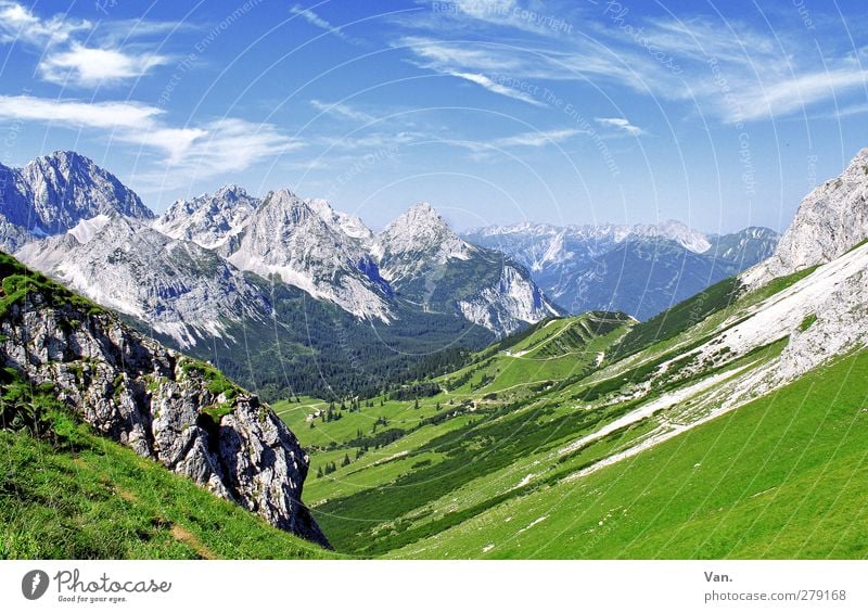 Come on, hike! Calm Vacation & Travel Mountain Hiking Nature Landscape Sky Clouds Summer Beautiful weather Grass Forest Rock Alps Lanes & trails Blue Green