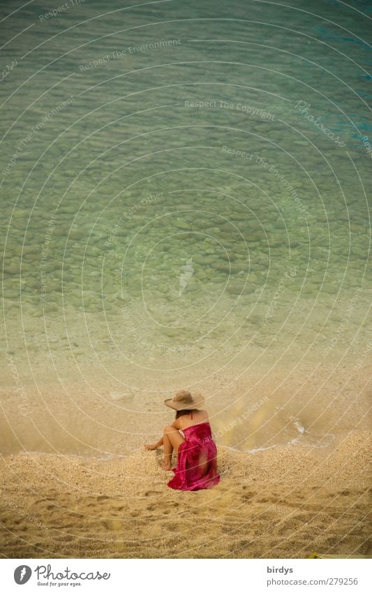 Hello sea Summer vacation Beach Ocean Young woman Youth (Young adults) 1 Human being Water Beautiful weather Adriatic Sea Rag Hat Touch To enjoy Crouch Esthetic