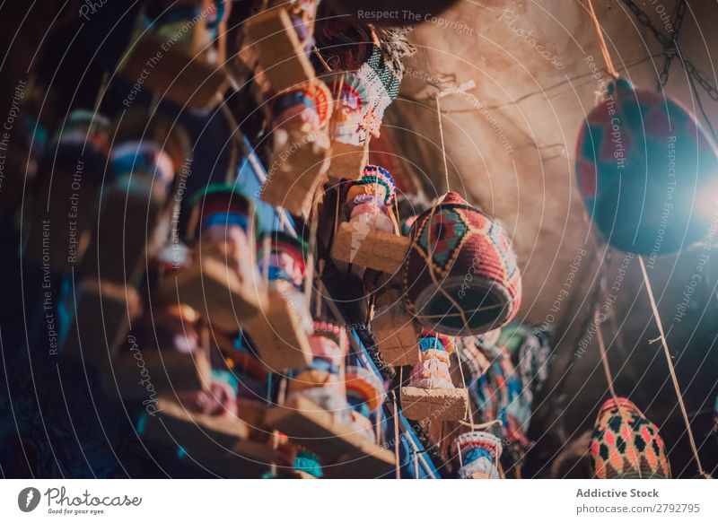 Different decorations hanging on ceiling Markets East Bazaar Decoration Hanging Set Multicoloured Exceptional Tradition Shopping Storage Tourism Chechaouen