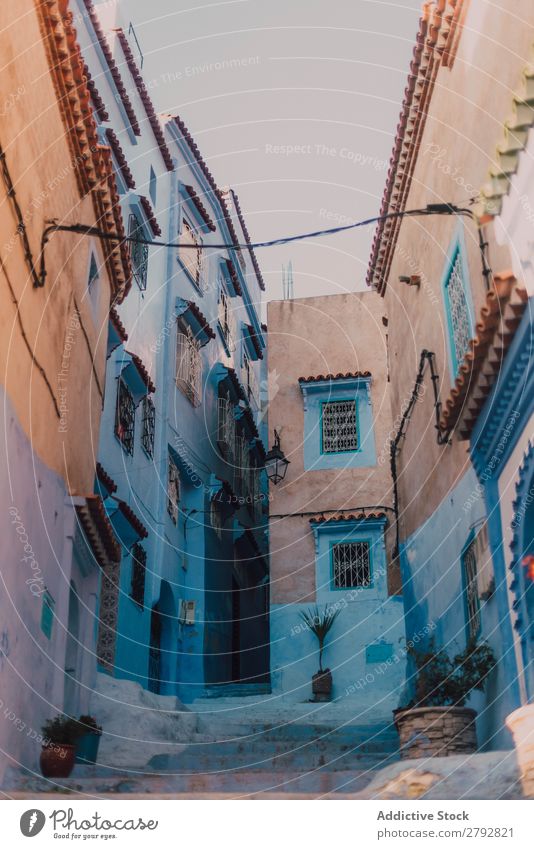 Narrow street with old buildings Street Building Chechaouen Morocco Construction Facade Old Blue Vacation & Travel Sunbeam Day Tourism Beautiful romantic