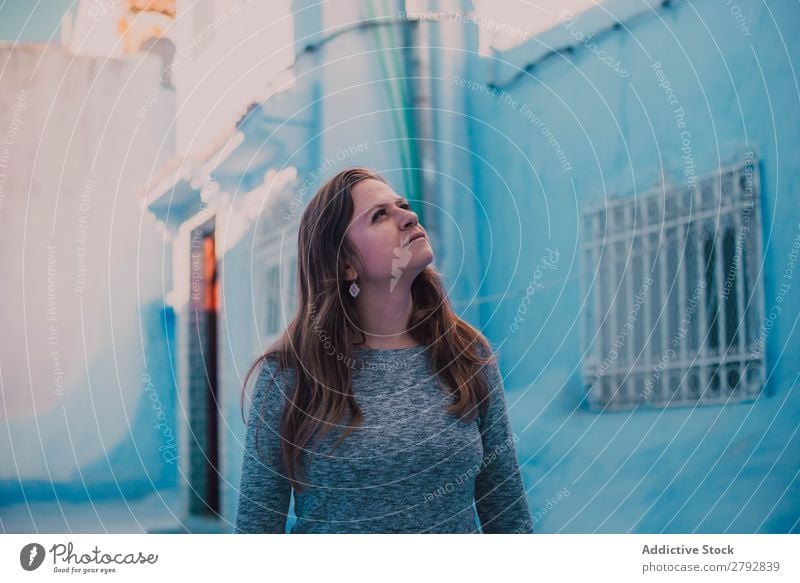 Tourist woman walking on white street Woman Walking Street Morocco Chechaouen Tradition Vacation & Travel Culture City arabic Town Multicoloured Tourism