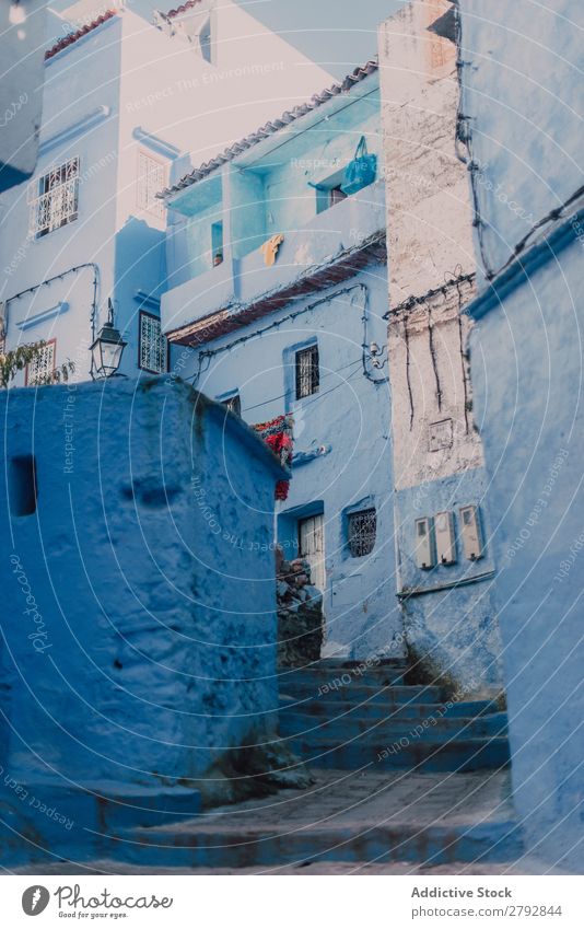 Street with old buildings Building Chechaouen Morocco Construction Facade Old Blue Vacation & Travel Sunbeam Day Tourism Beautiful romantic Limestone Stone