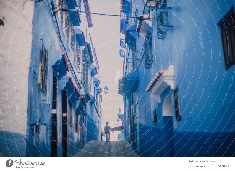 Street with old buildings Building Chechaouen Morocco Construction Facade Old Blue Vacation & Travel Sunbeam Day Tourism Beautiful romantic Limestone Stone