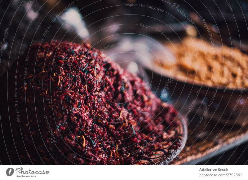 Dry spices on counter Markets Herbs and spices Multicoloured Aromatic East Exceptional Bowl Red Orange Bazaar Tradition Shopping Storage Tourism Chechaouen