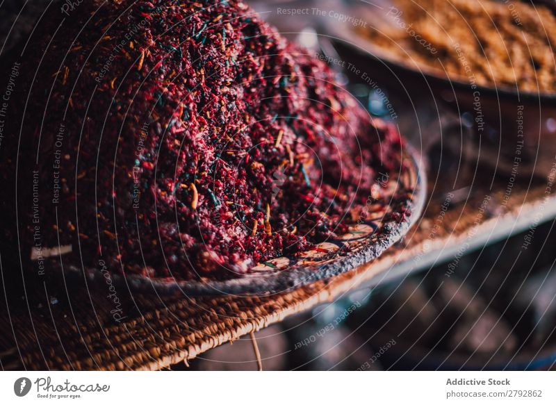 Dry spices on counter Markets Herbs and spices Multicoloured Aromatic East Exceptional Bowl Red Orange Bazaar Tradition Shopping Storage Tourism Chechaouen