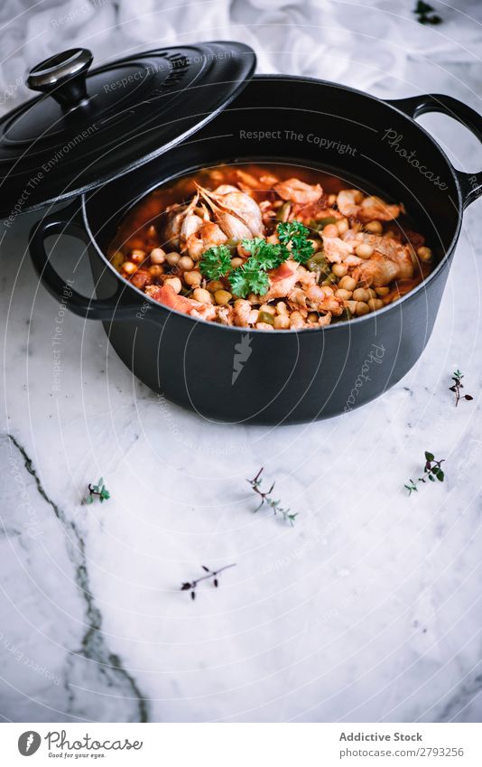 Cooked vegetables of vigil potaje stew Soup Close-up Cup Preparation Ingredients Stock To feed Food Nutrition potage Fresh Garlic Chickpeas Cod vigil potage