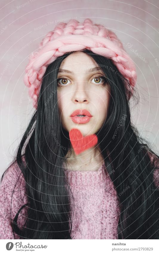 Romantic woman wearing pink clothes and holding a red heart Elegant Style Happy Beautiful Hair and hairstyles Face Make-up Valentine's Day Human being Feminine