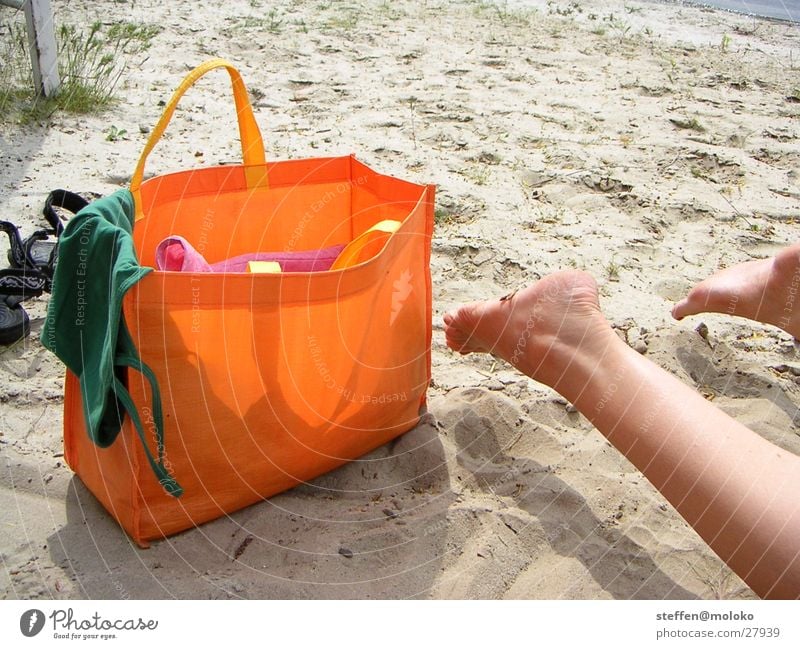 girl on the beach Beach Summer Leisure and hobbies Vacation & Travel Bag Woman Calf Toes Brown White Green Bikini Beautiful Lake Ocean Sand Relaxation Legs Feet