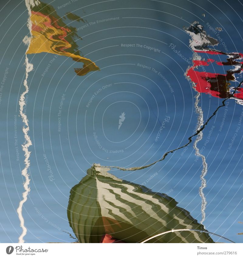 Water reflection of a rowing boat and 2 flags Cloudless sky Navigation Fishing boat Rowboat Watercraft Harbour Rope Fresh Multicoloured Surface of water Flag