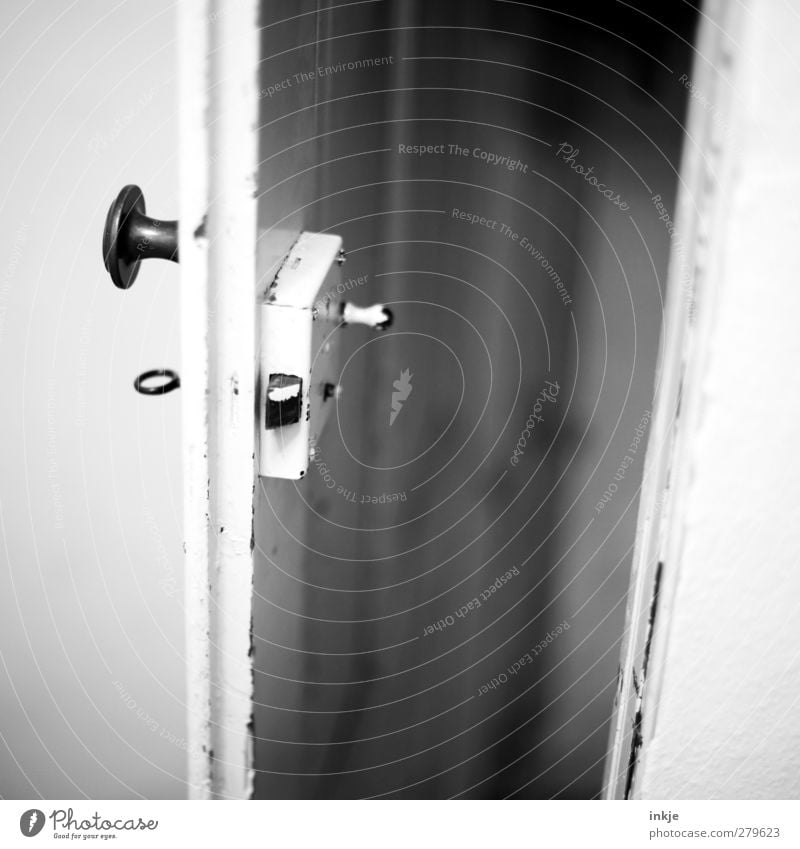 old door Door Doorknob Door lock Wooden door Old Historic White Transience Change Open Column Black & white photo Interior shot Close-up Detail Deserted Day