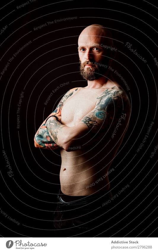 Young shirtless bearded guy with tattoos Man Tattoo Hipster Youth (Young adults) Guy Bald or shaved head Hand Indicate handsome Art Cool (slang) Studio shot