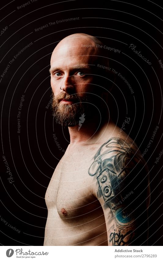 Young shirtless bearded guy with tattoos Man Tattoo Hipster Youth (Young adults) Guy Bald or shaved head Hand Indicate handsome Art Cool (slang) Studio shot