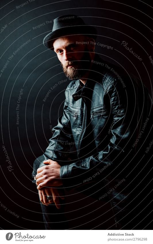 Young bearded guy in leather jacket Man Leather jacket Hipster Youth (Young adults) Hat Guy handsome Cool (slang) Style Easygoing Studio shot Interest Macho