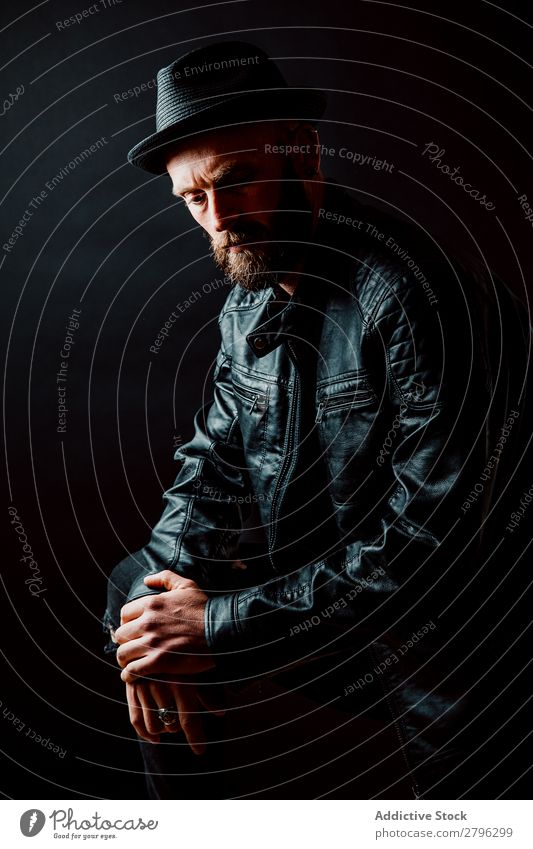 Young bearded guy in leather jacket Man Leather jacket Hipster Youth (Young adults) Hat Guy handsome Cool (slang) Style Easygoing Studio shot Interest Macho