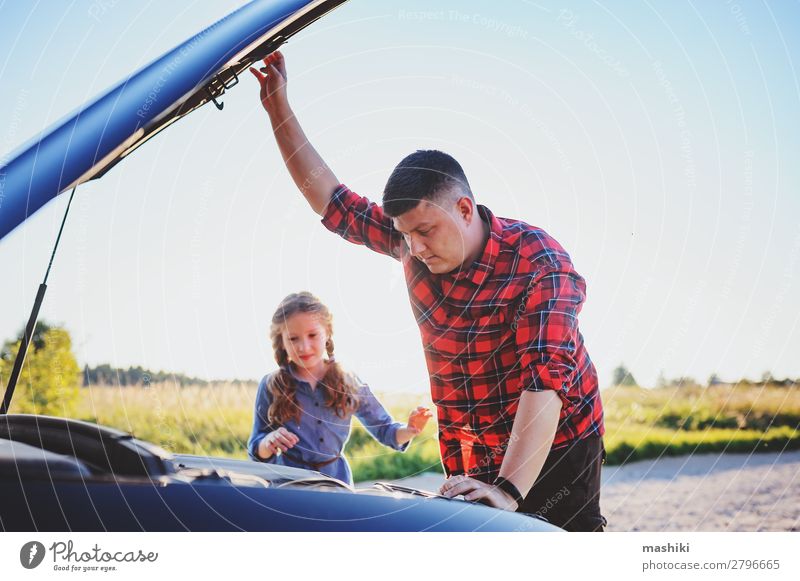 father and daughter fixing problems with car Summer Child School Work and employment Engines Man Adults Parents Father Family & Relations Transport Street