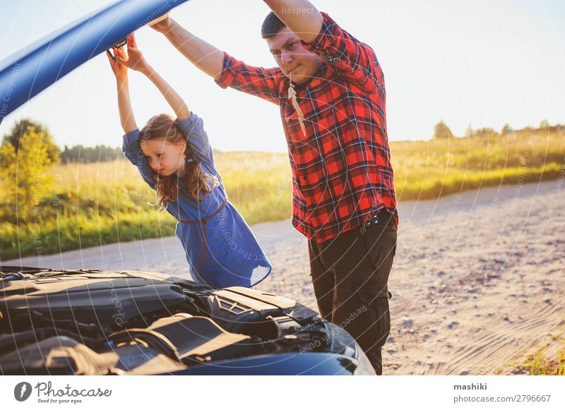 father and daughter fixing problems with car Summer Child School Work and employment Engines Man Adults Parents Father Family & Relations Transport Street