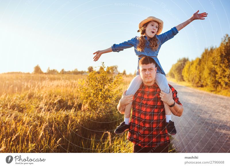 happy father and daughter walking on summer meadow Lifestyle Joy Happy Relaxation Playing Vacation & Travel Freedom Summer Sun Parenting Child Man Adults