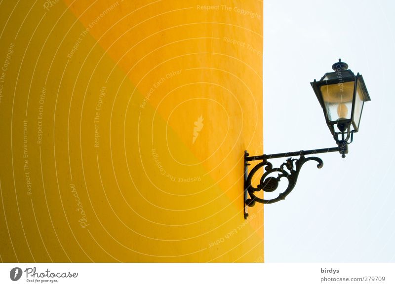 Streetlight on Q Wall (barrier) Wall (building) Facade Street lighting Esthetic Modern Original Clean Beautiful Town Yellow Green Colour Symmetry Light