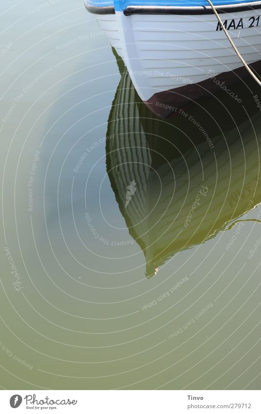 Bow tip of a wooden boat with reflection in the water Fishing boat Watercraft Harbour Blue White Calm bob up and down Rope Surface of water Colour photo Detail