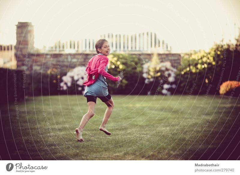 Happy childhood Joy Feminine Child Girl Infancy Life 1 Human being 8 - 13 years Garden Meadow Movement Laughter Walking Running Beautiful Natural Pink Happiness