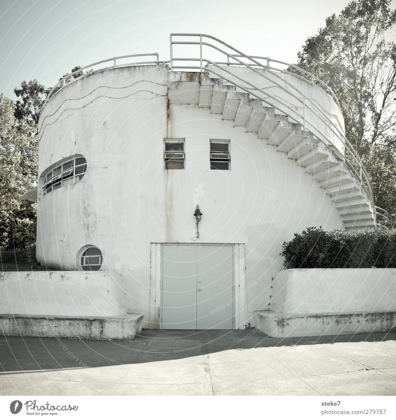 symmetrical asymmetrical Tower Building Architecture Stairs Facade Window Door Exceptional Round Town White Harbor buildings Wall (barrier) Subdued colour