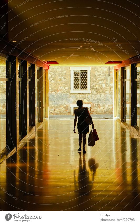 Single woman with shopping bags in a deserted egg shopping arcade Shopping Summer Feminine Woman Adults 1 Human being Shopping arcade Walking Carrying Esthetic