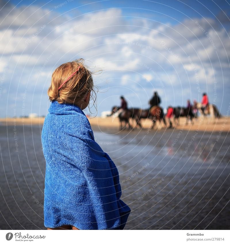 girl's dream Feminine Child Girl 1 Human being Coast Horse Group of animals Longing Beach Clouds Towel Ride Colour photo Exterior shot Day