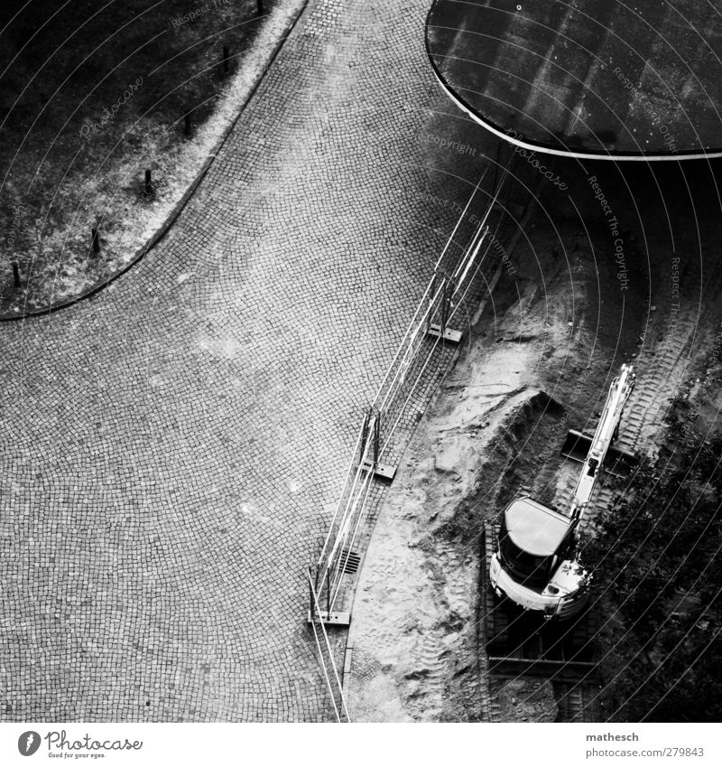 light and shadow sides - under reconstruction Deserted Places Architecture Roof Street Cold Black White Curbside Construction vehicle Excavator Tree