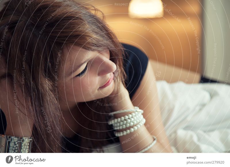 \\\ Feminine 1 Human being Accessory Jewellery Brunette Beautiful Eroticism Bed Hotel room Colour photo Interior shot Close-up Day Shallow depth of field