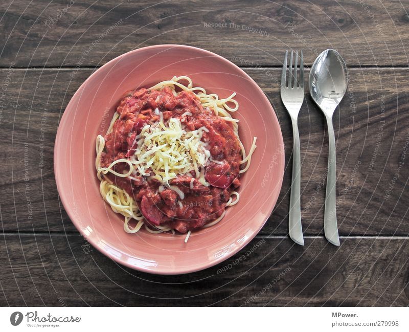 jummy jummy Food Nutrition Eating Lunch Italian Food Crockery Plate Fork Spoon Feeding Brown Yellow Red Silver Gluttony Voracious Noodles Dough Tomato sauce