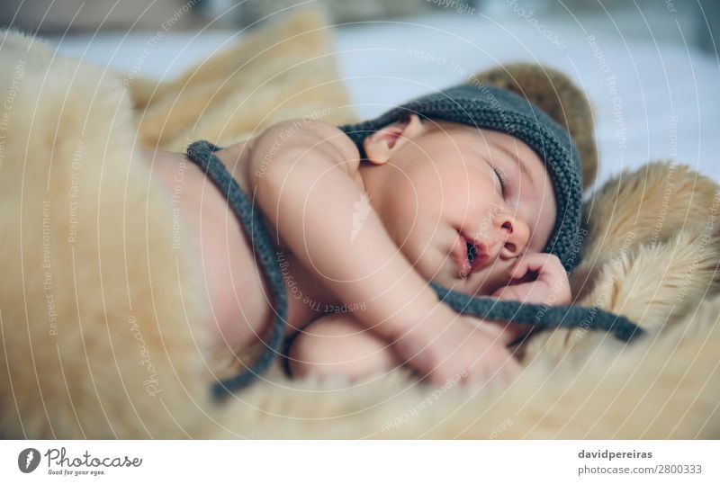 Baby girl with pompom hat sleeping Beautiful Calm Bedroom Child Human being Woman Adults Mouth Hat Love Sleep Dream Authentic Small Naked Cute Comfortable Ease