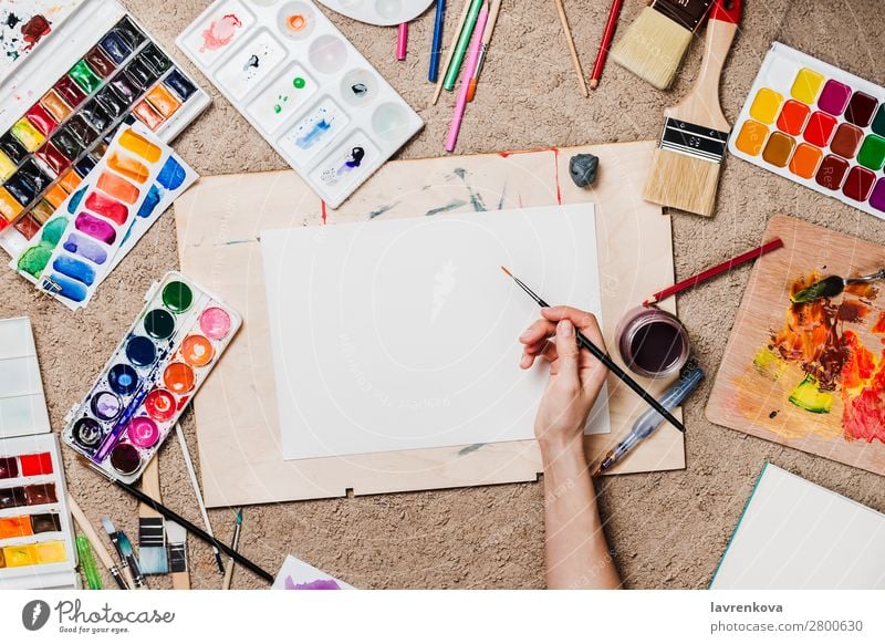 Flatlay with woman's hands holding stationary supplies paint Pencil Conceptual design Artist Board Cactus Carpet Caucasian Colour Multicoloured Craft (trade)