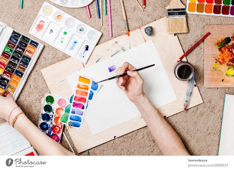 Flatlay with woman's hands holding stationary supplies Artist Board Cactus Carpet Caucasian Colour Multicoloured Craft (trade) Creativity Designer Draw Woman