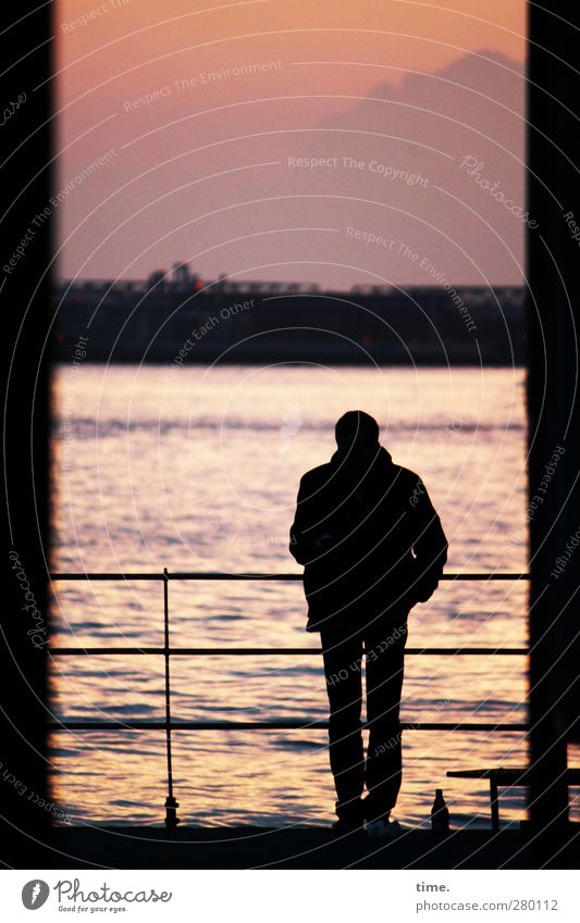 closing time Masculine 1 Human being Environment Landscape Water Sky Clouds Horizon Summer Beautiful weather River bank Elbe Handrail Pontoon Bottle Observe