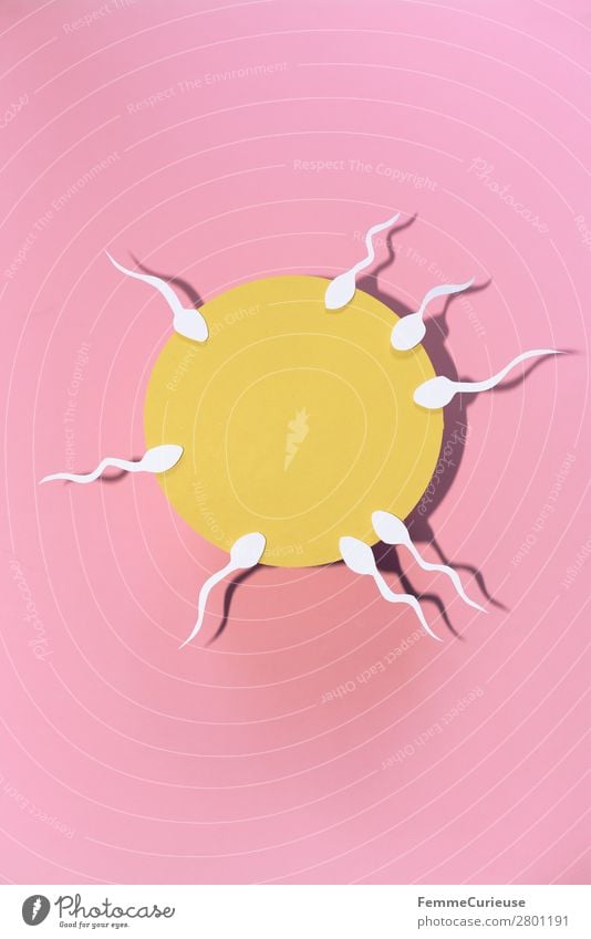 Reproduction - Sperm swimming to egg cell Sign Sex Sexuality Egg cell Pink Yellow White Symbols and metaphors Illustration Graph Paper Low-cut Family planning