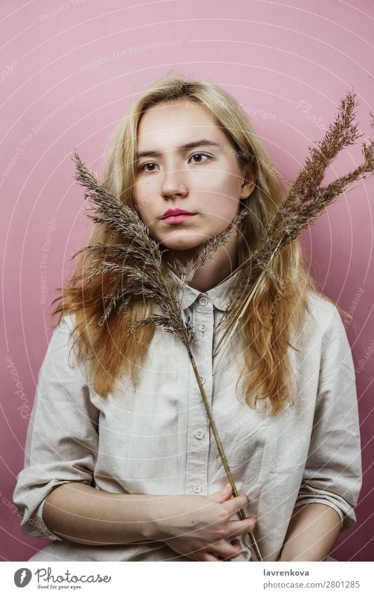 Floral portrait of female with blond hair on pink Dry Plant Asians Beautiful Beauty Photography Blonde Bouquet Dye Face Fashion Woman Flower Make-up