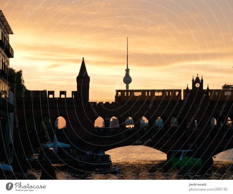 nice finish over the bridge Spree Kreuzberg Bridge Tourist Attraction Landmark Berlin TV Tower Oberbaumbrücke Public transit Underground Kitsch Moody Romance