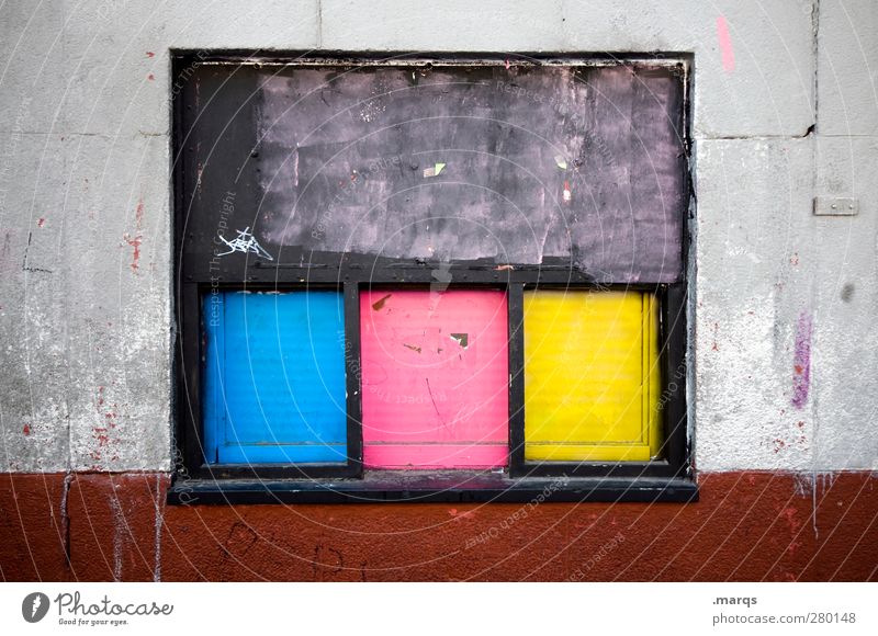 colour photograph Lifestyle Style Design Art Wall (barrier) Wall (building) Window Cool (slang) Dirty Uniqueness Blue Yellow Pink Black Colour Colour photo