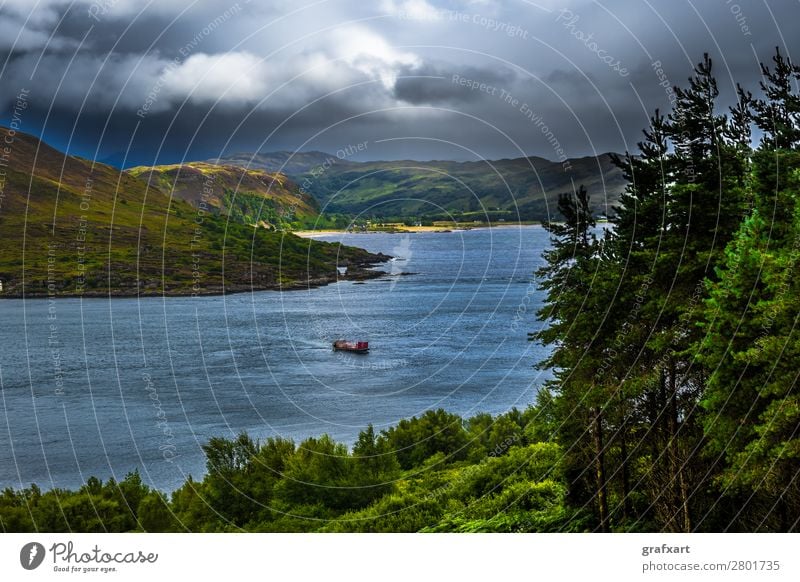 Scenic Sunlit Coast With Ferry Boat On The Isle Of Skye In Scotland atlantic background beach beautiful boat building canal cliffs clouds cloudy coast coastal