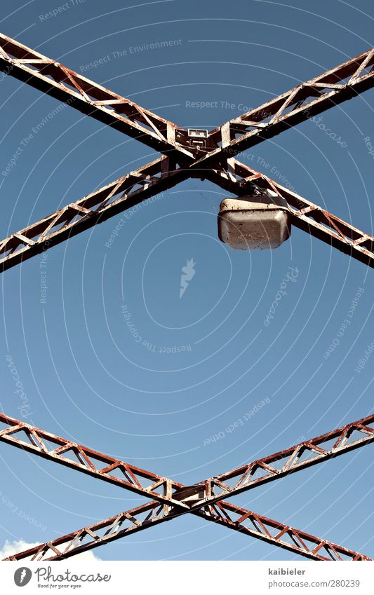 bridge technology Bridge Old Blue Red Arrangement Decline Transience Rust Geometry Lamp iron bridge Clouds Steel carrier Prop Crossed Transport Infrastructure