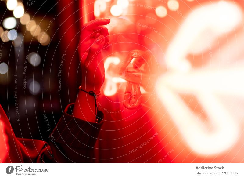 Lady near red neon lights Woman Neon Light Hand Tel Aviv Israel Night Street Red Illumination Evening Fantasy ultraviolet Youth (Young adults) Lifestyle City