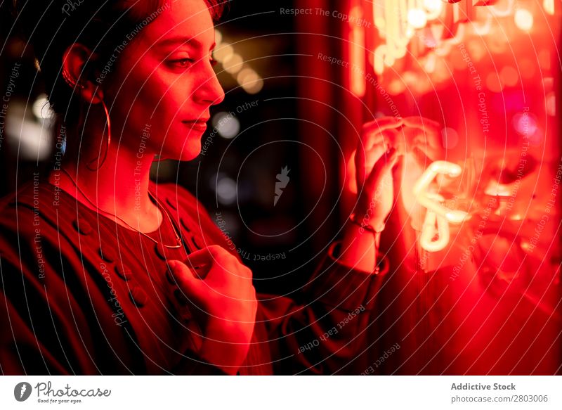 Lady near red neon lights Woman Neon Light Hand Tel Aviv Israel Night Street Red Illumination Evening Fantasy ultraviolet Youth (Young adults) Lifestyle City