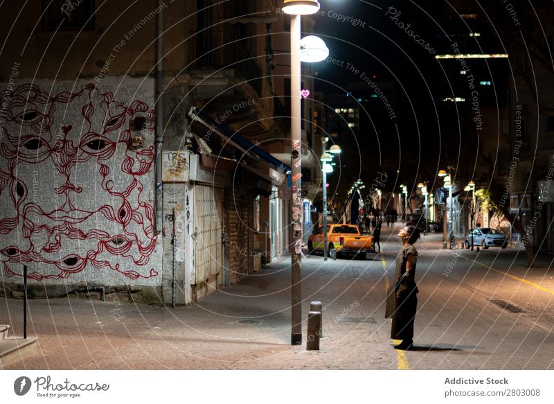 Stylish lady near street lamp Woman Style Hipster Street Lamp Tel Aviv Israel Night Hip & trendy Illuminate Light Looking Conceptual design Evening Night life