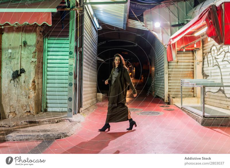 Attractive stylish lady walking on street at night Woman Style Hip & trendy Street Hipster Tel Aviv Israel Old Night Walking Evening Youth (Young adults)