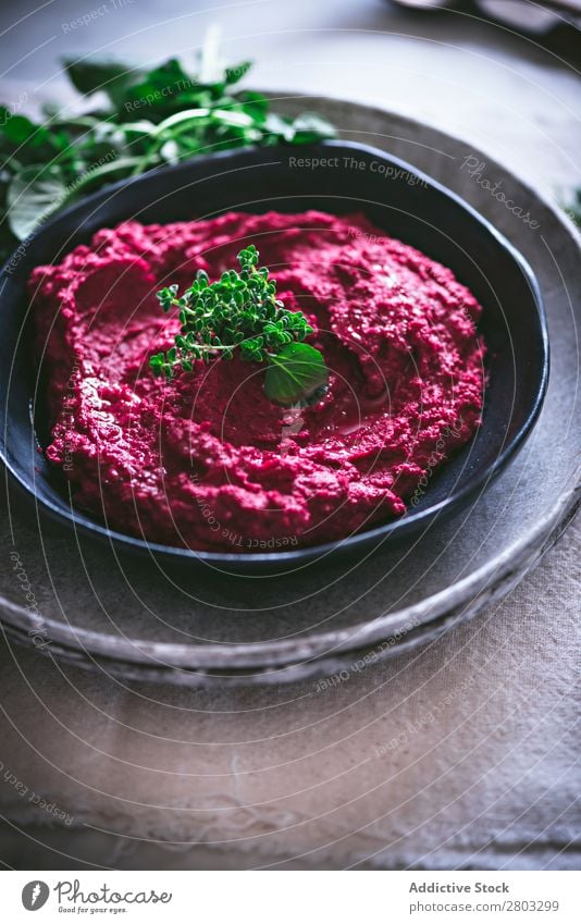 Hummus on plate Above Appetizer Apron arabic Background picture Red beet beetroot Chickpeas Cooking Delicious Diet Dip dipping eastern Food Healthy