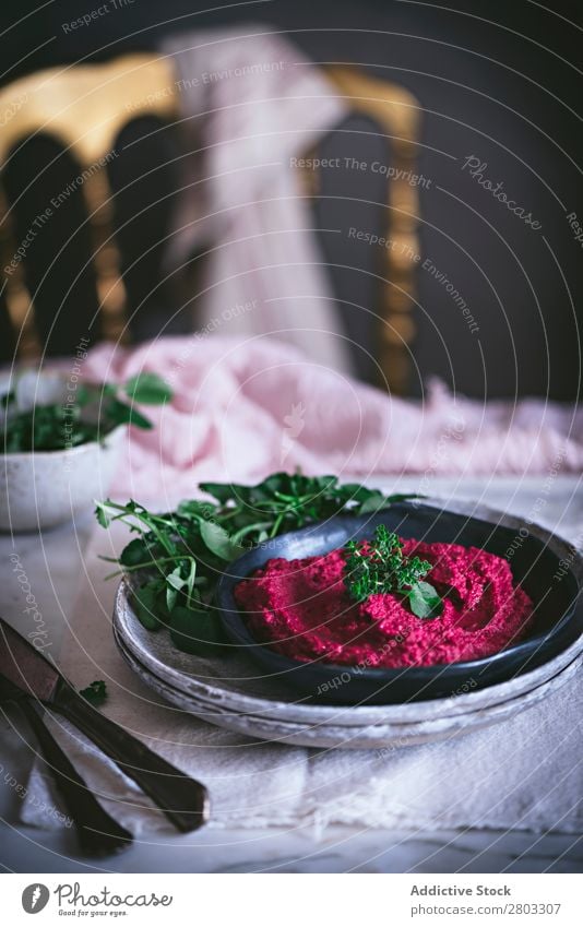 Hummus on plate Above Appetizer Apron arabic Background picture Red beet beetroot Chickpeas Cooking Delicious Diet Dip dipping eastern Food Healthy