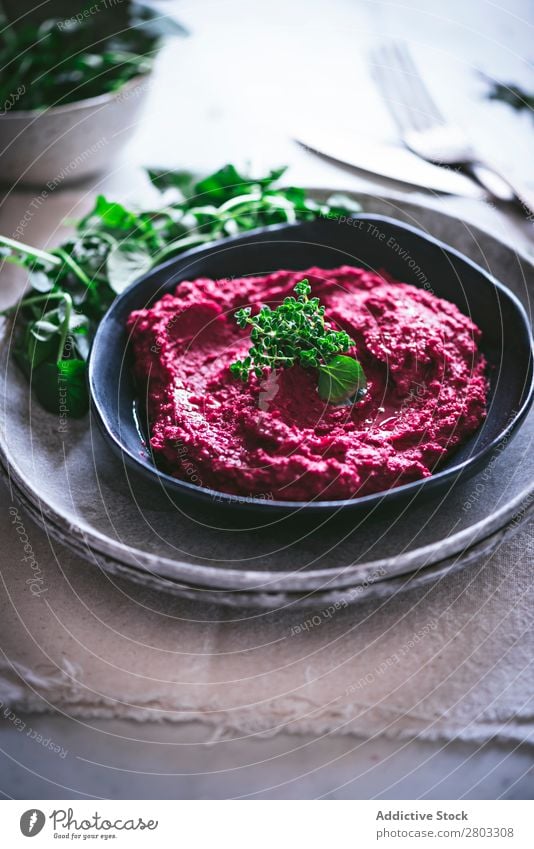 Hummus on plate Above Appetizer Apron arabic Background picture Red beet beetroot Chickpeas Cooking Delicious Diet Dip dipping eastern Food Healthy