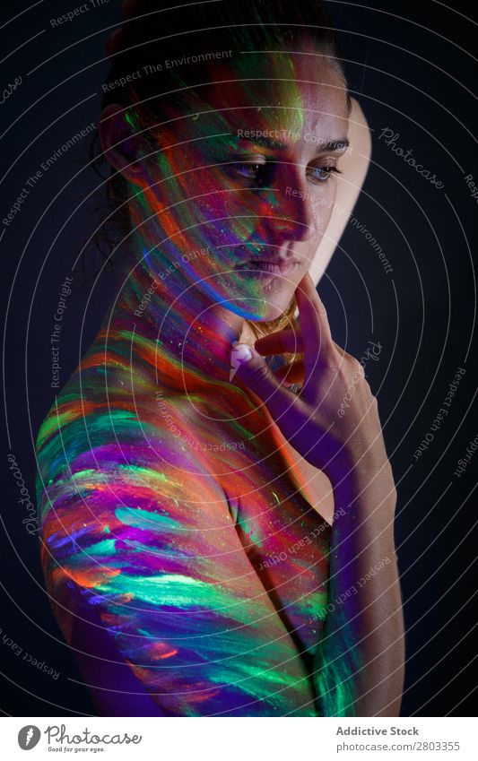 Topless model in neon lights ultraviolet Figure Purple To enjoy pose Dark Light Woman Beautiful Fluorescent Art Multicoloured Bright Creativity dyed Body